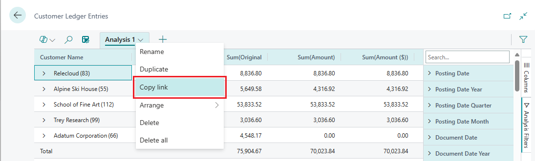 Shows the action for copying an analysis