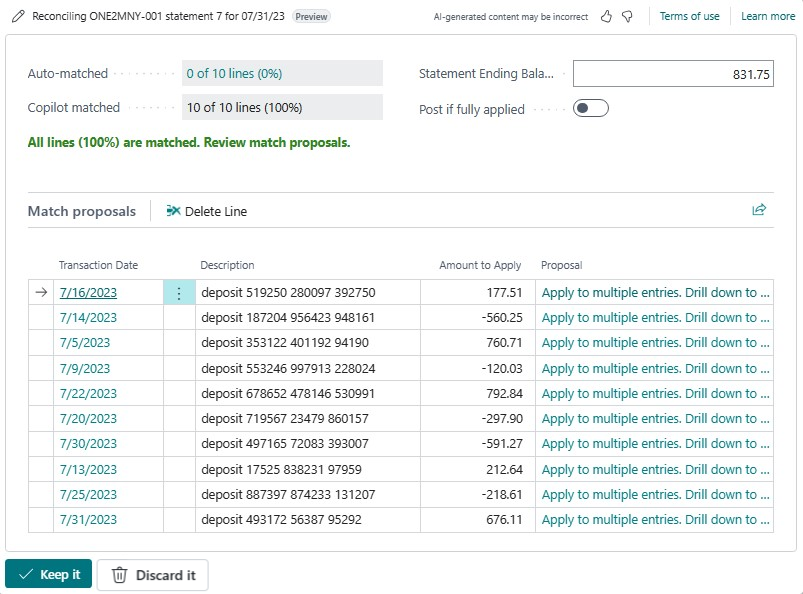 Screenshot that shows proposed matches in the Reconcile with Copilot window.