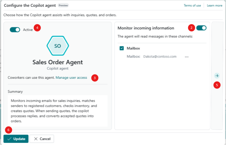 Shows the Sales Order Agent configuration page