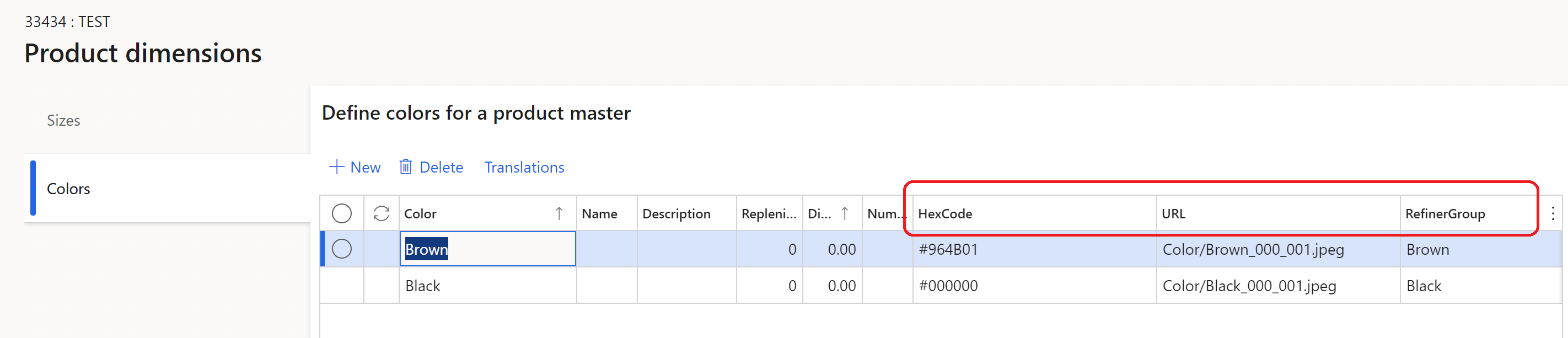 Exemplo de configuração de dimensão na página Dimensões do produto.