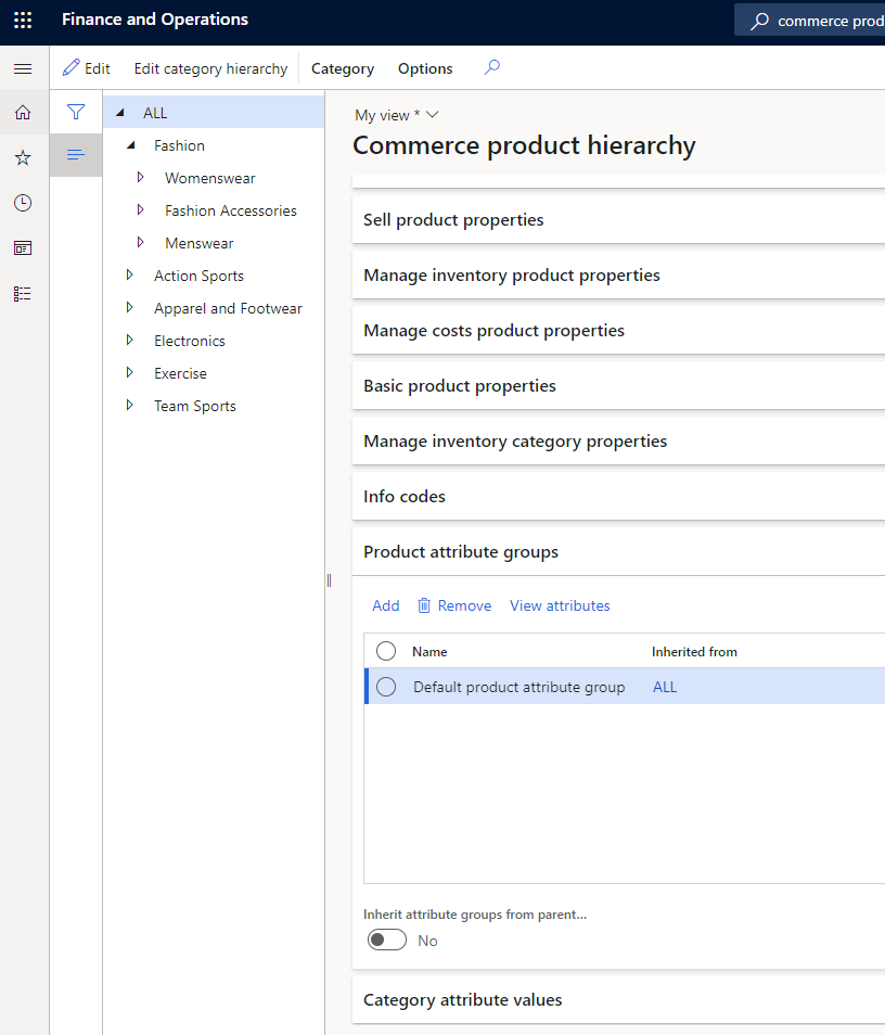 Grupos de atributos de produtos FastTab na página de hierarquia de produtos do Commerce.