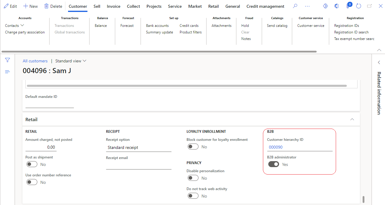 Exemplo da secção B2B no Separador Rápido Retalho de um registo de cliente, onde o cliente está associado a uma hierarquia e especificado como administrador.