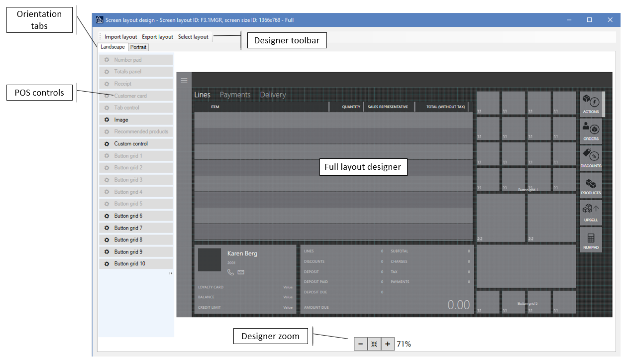 POS Designer de layout completo (modo paisagem).