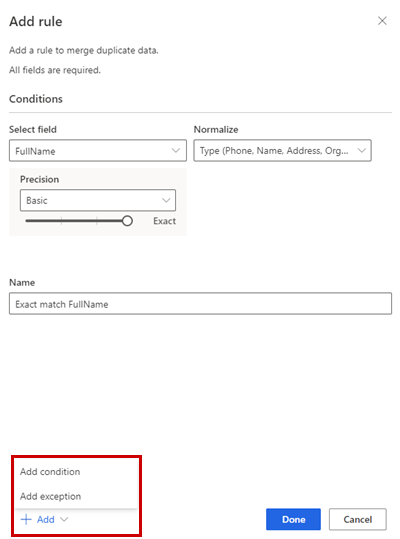 Captura de ecrã do painel Adicionar regra para remover duplicados.