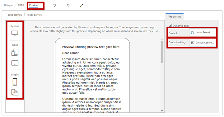 A pré-visualização de e-mail e as definições da pré-visualização.