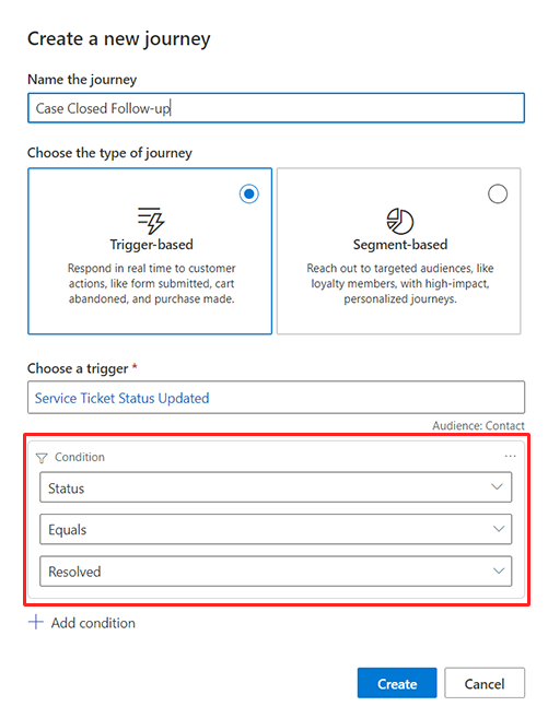 Captura de ecrã de Criar um percurso utilizando o acionador do Dataverse.