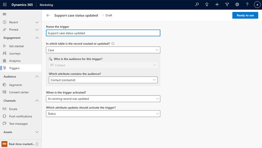 Captura de ecrã de Selecionar a tabela e audiência do Dataverse.