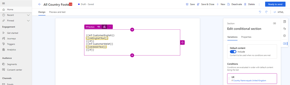 Captura de ecrã de tokens num bloco de conteúdo condicional.