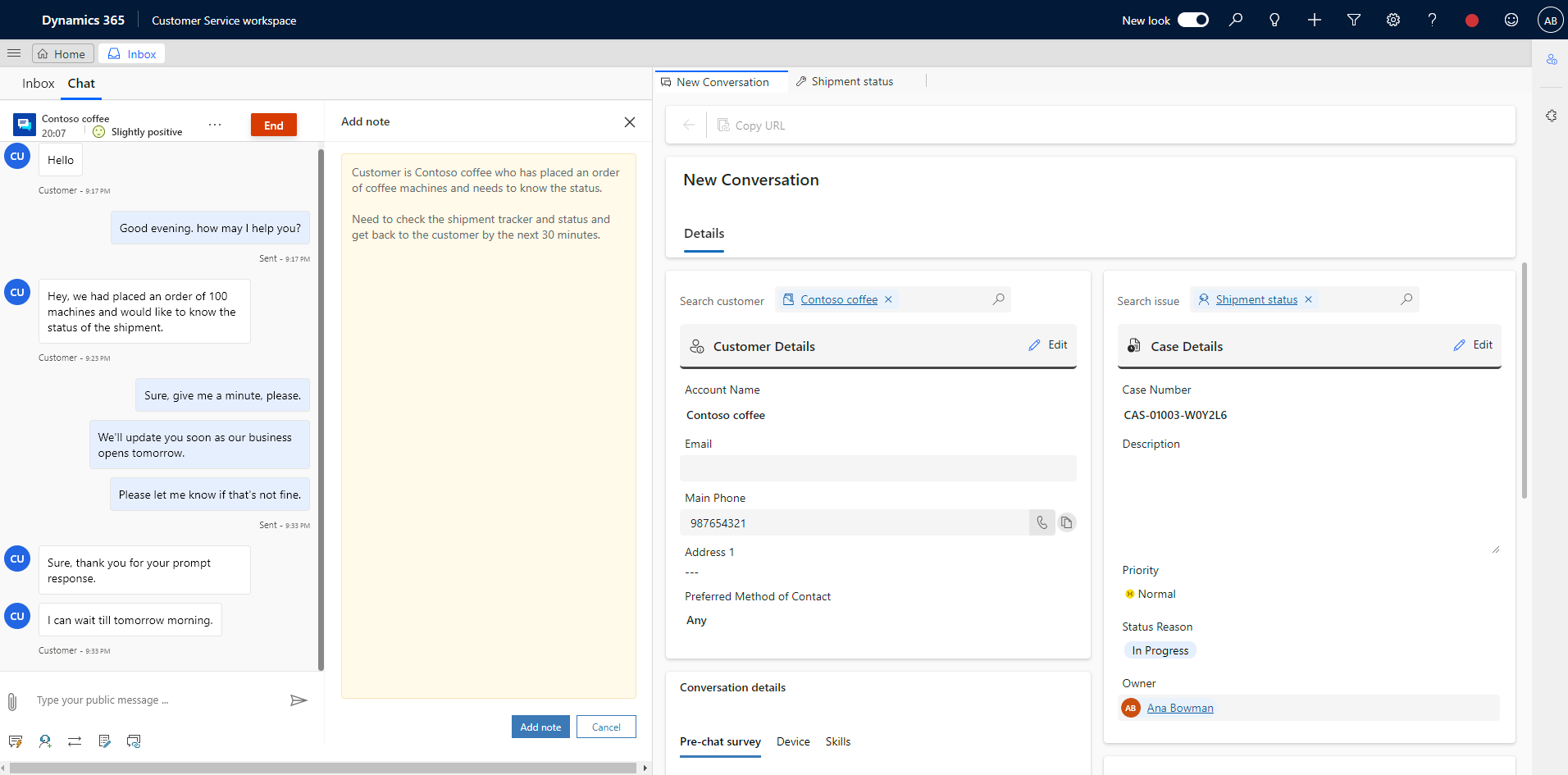 Captura de ecrã do painel Notas para agentes para obter os pontos de discussão quando interagem com clientes.