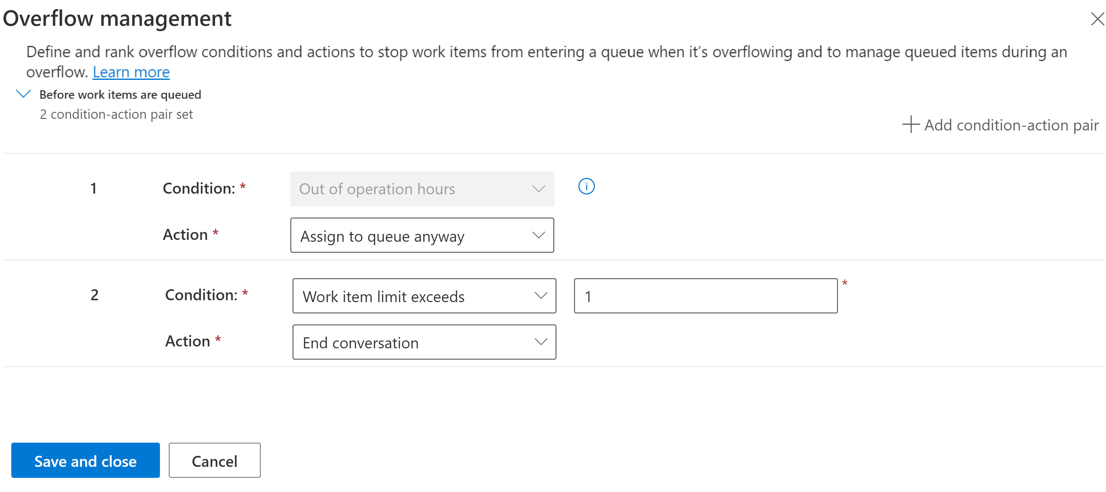 Uma captura de ecrã dos pares de condição e ação de capacidade excedida configurados para uma fila.