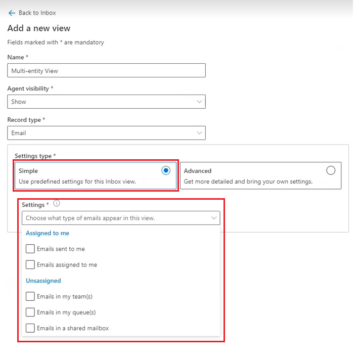 Opção de definição simples na página Adicionar uma nova vista para a caixa de entrada.