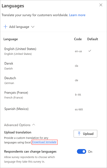 Transferir um ficheiro do Excel para editar todos os idiomas.