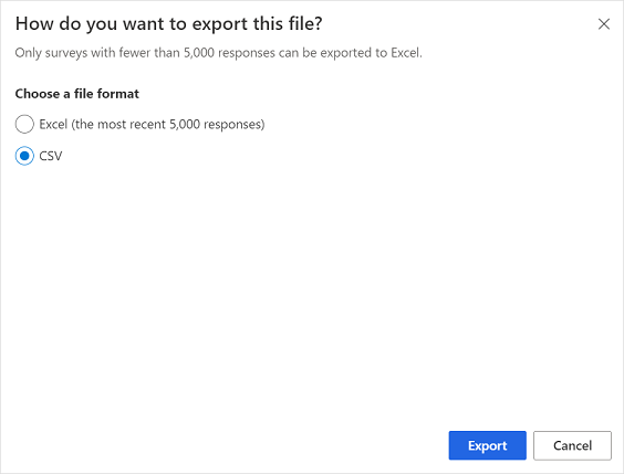 Selecionar um formato de ficheiro para exportar respostas de inquérito.