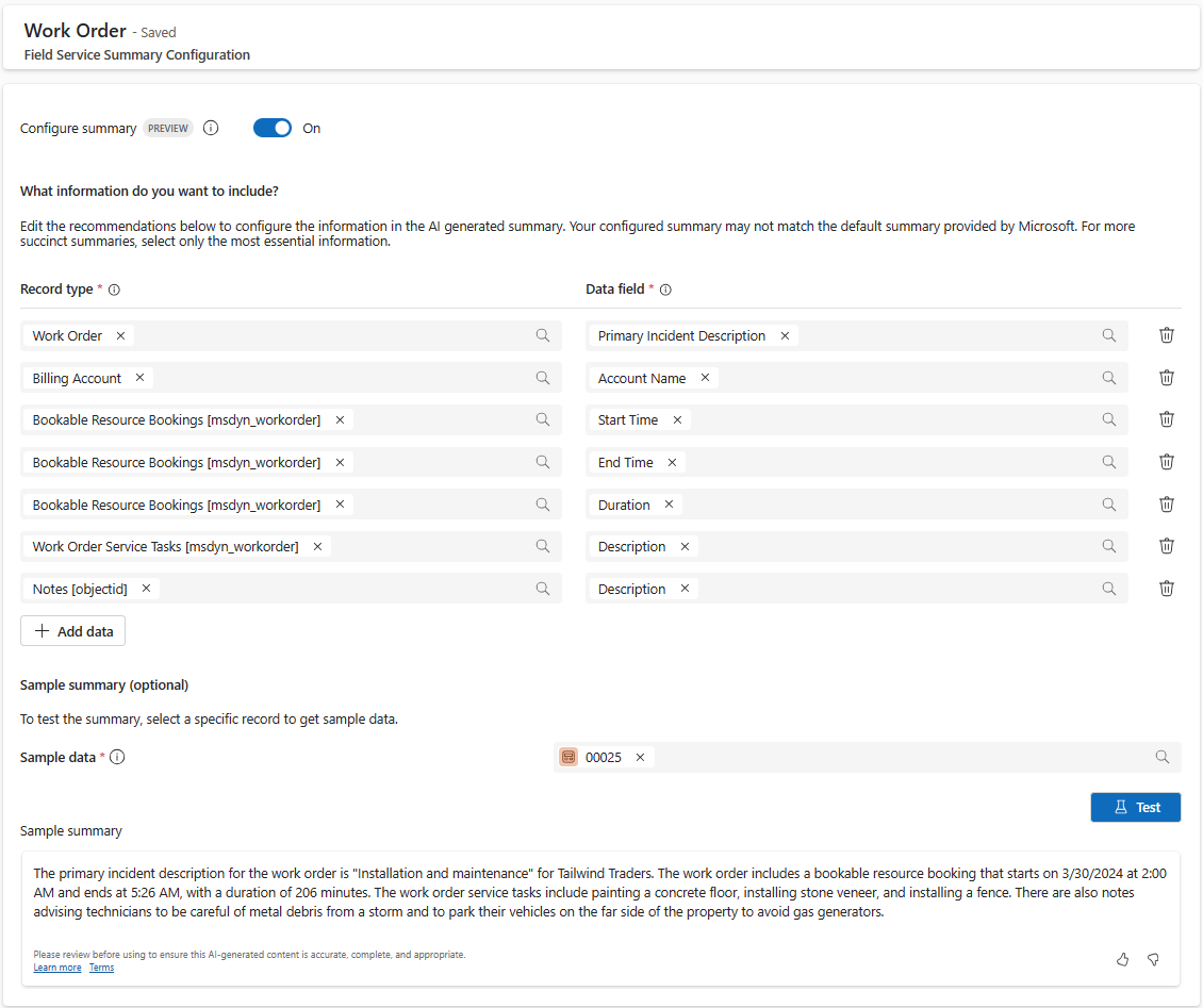 Captura de ecrã da configuração de resumos para o controlo de resumos baseado no copiloto.