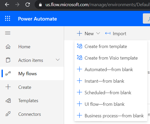 Captura de ecrã do Power Automate no novo menu suspenso mostrando Automatizado – de em branco.