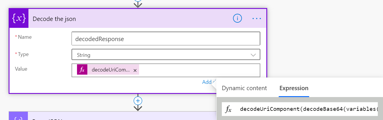 Captura de ecrã mostrando a parte de Descodificação do json do fluxo do Power Automate.