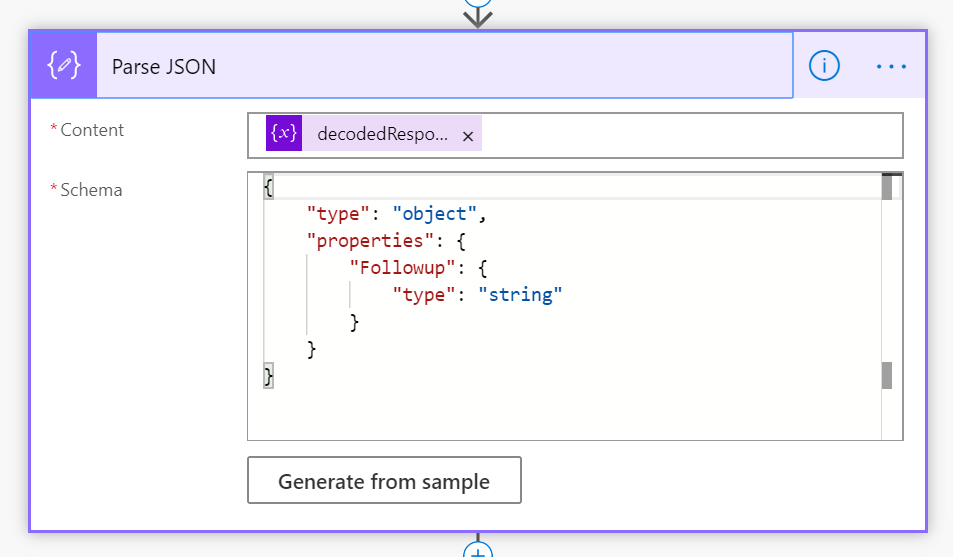 Captura de ecrã da secção Analisar JSON do fluxo do Power Automate mostrando o campo de esquema povoado com o fragmento anterior.