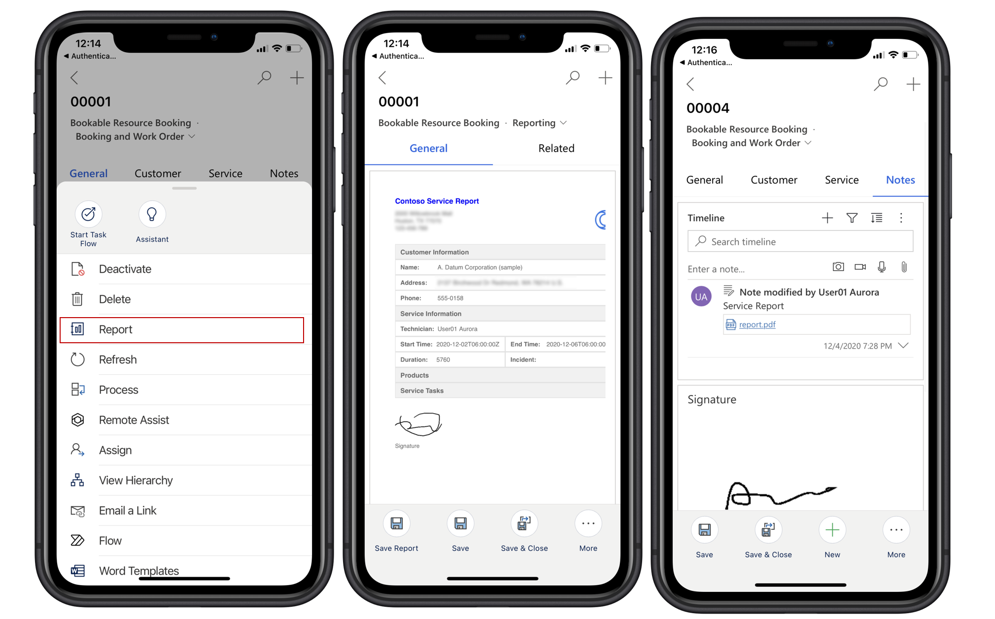 Captura de ecrã da experiência de relatórios da aplicação Field Service Mobile.