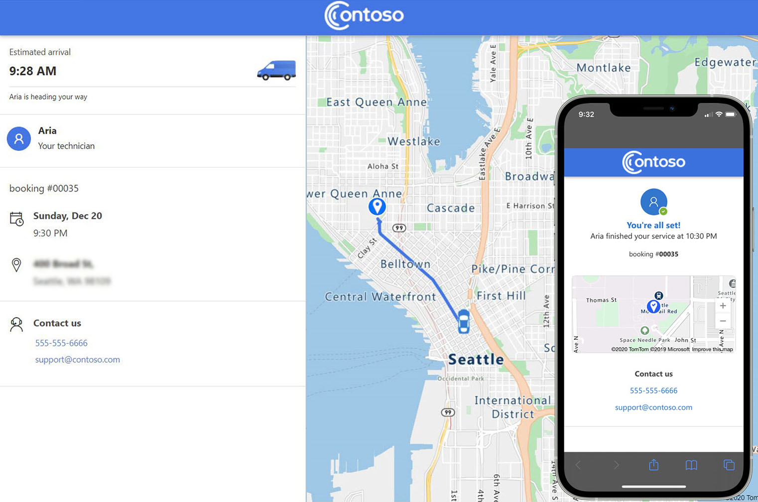 Portal de detalhes de serviço de marca, juntamente com uma composição do dispositivo que mostra a localização do técnico num telemóvel.