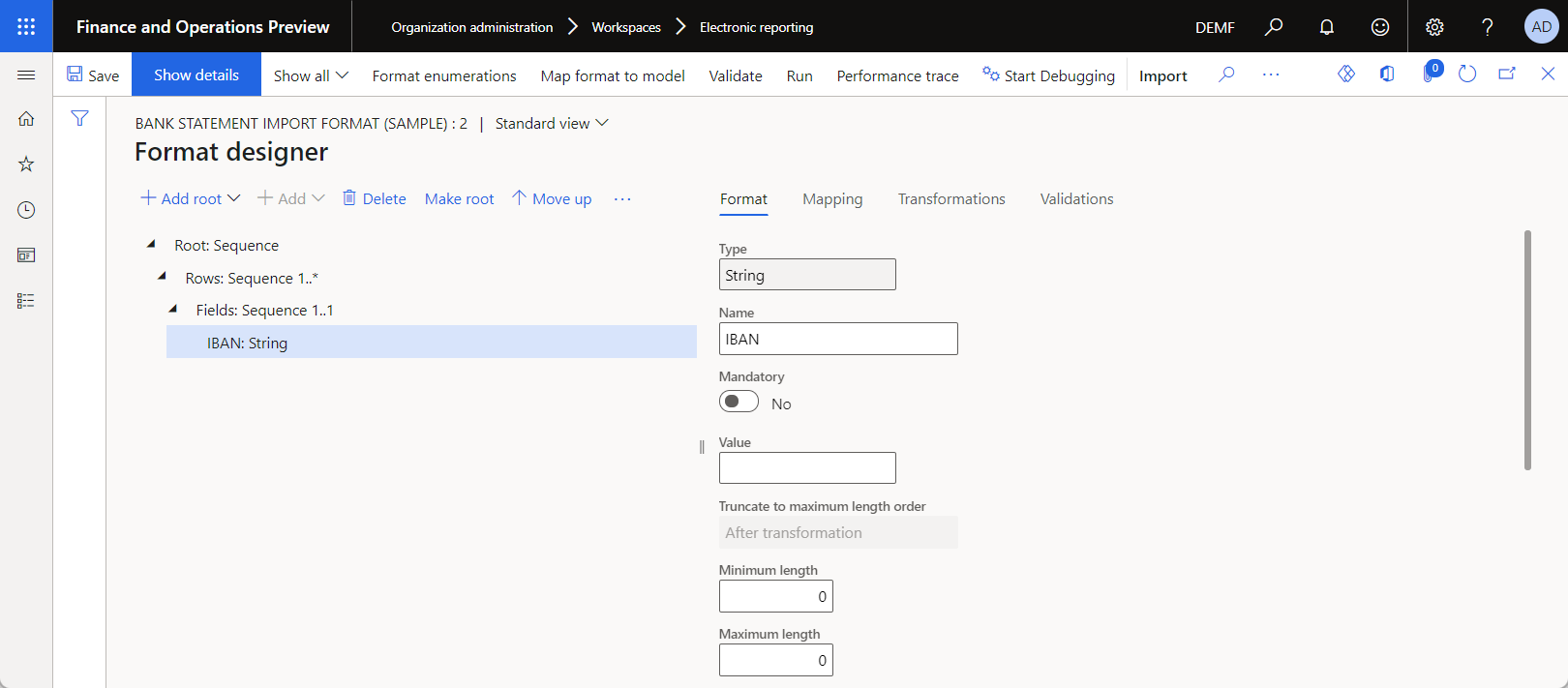 Configuração do formato Formato de importação de extrato bancário (amostra) na página Estruturador de formato.