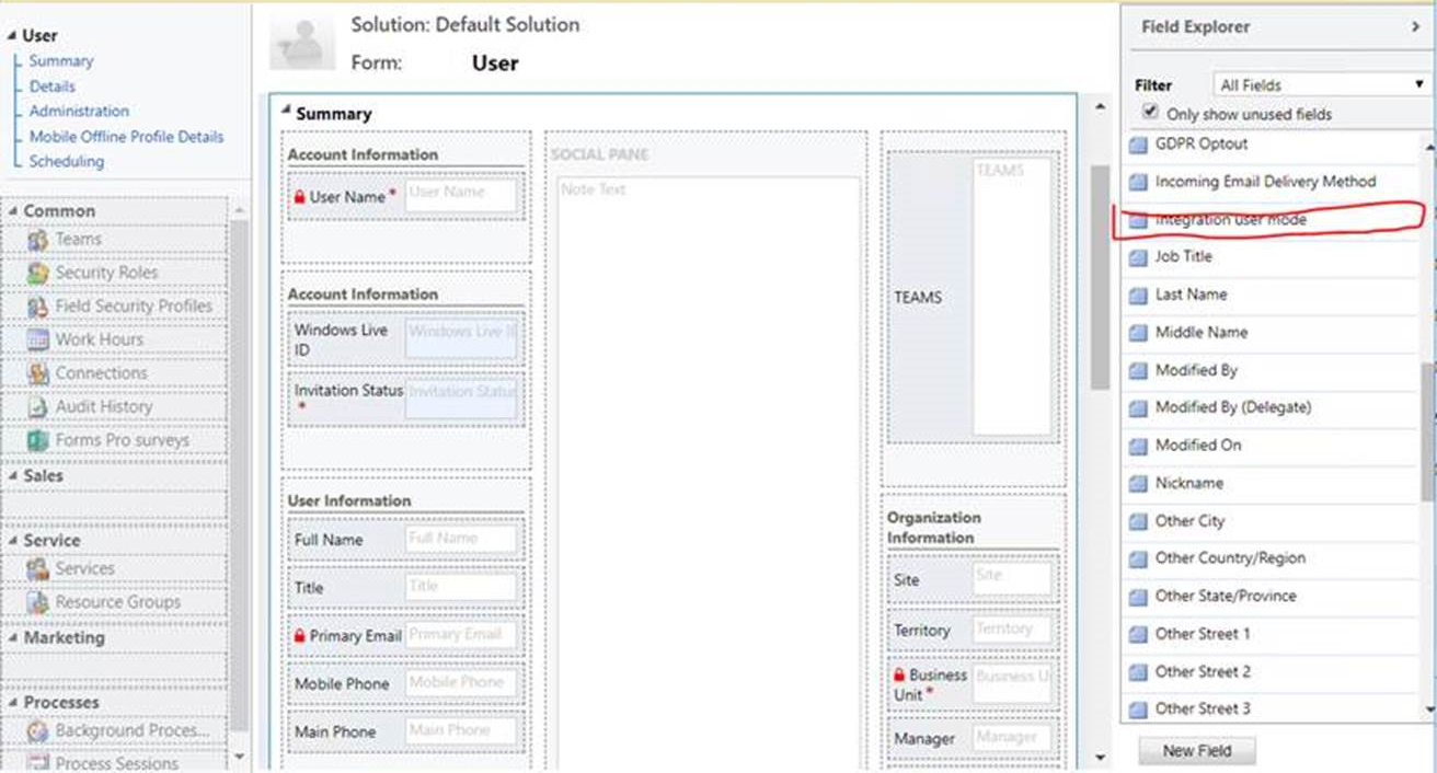 Adicionar a coluna do modo de utilizador de integração ao formulário.