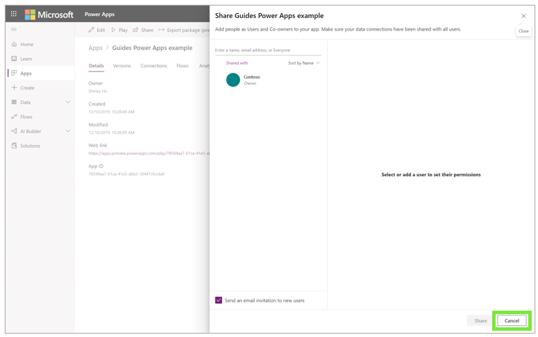 Captura de tela do botão Cancelar na caixa de diálogo de exemplo de guias de compartilhamento Power Apps .