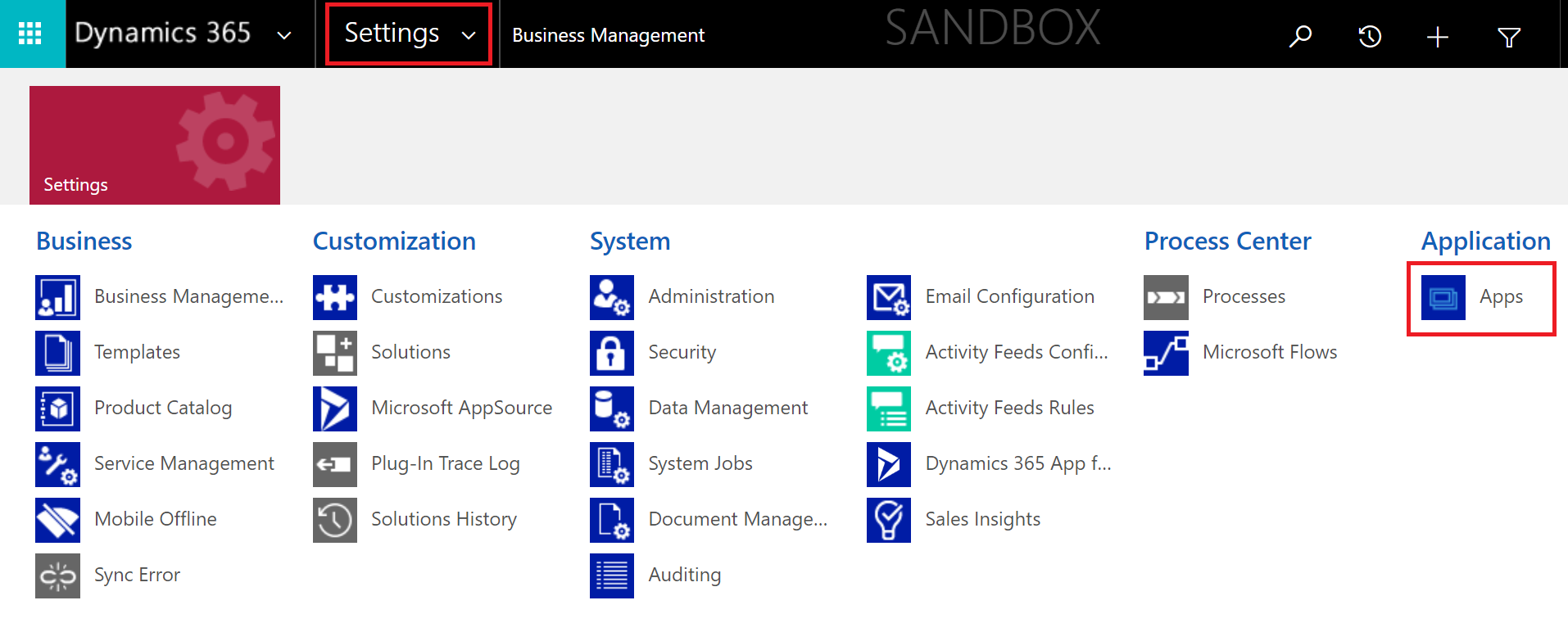 Captura de tela do ambiente do Dynamics 365.