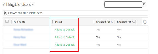 Alterações de estado ao adicionado ao Outlook.