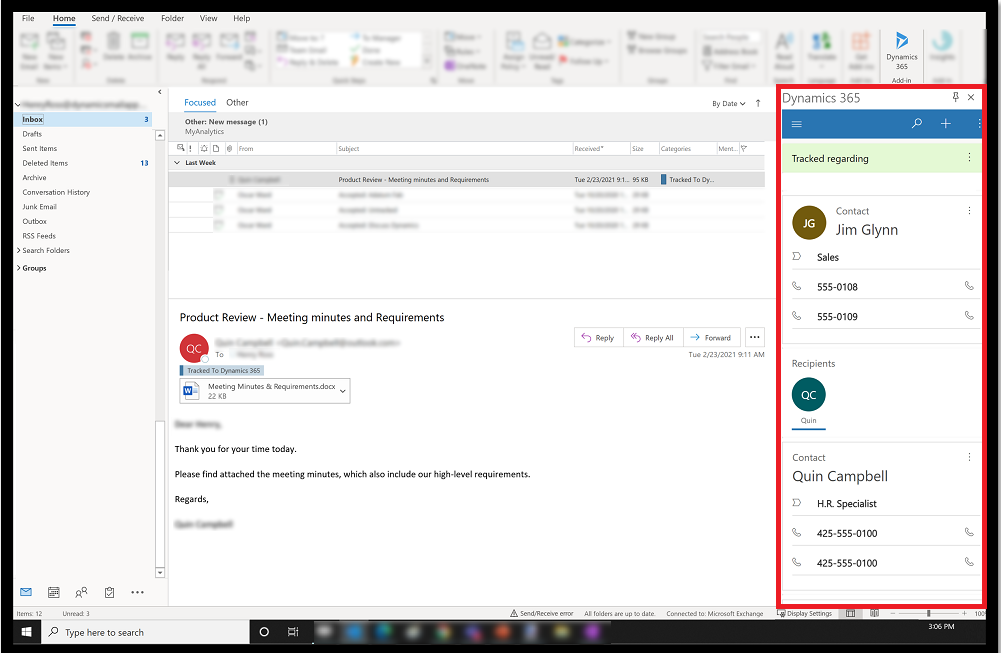 Painel da Aplicação para Outlook do Dynamcis 365.