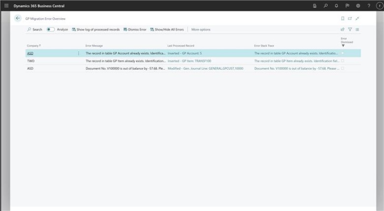 Erros de atualização de dados para migração do Dynamics GP