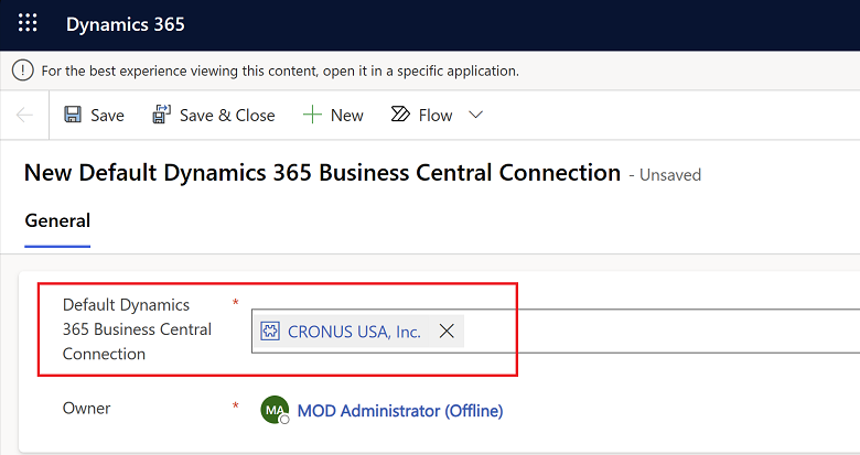 Mostra a página Conexão Padrão do Business Central no Dynamics 365 Sales