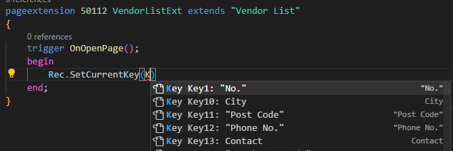 Exemplo do IntelliSense mostrando chaves disponíveis para o método SetCurrentKey()