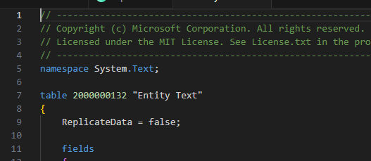 Exemplo de definição de namespace na tabela de texto da entidade de aplicativos do sistema