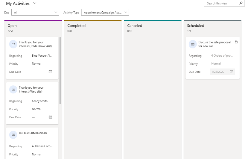 Atividades na vista de Kanban.