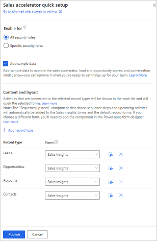 Painel Configuração rápida do acelerador de vendas.