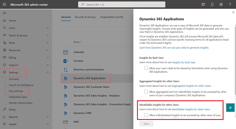 Uma captura de ecrã das Definições da organização do centro de administração do Microsoft 365, com o formulário de consentimento de Aplicações Dynamics 365 mostrado.