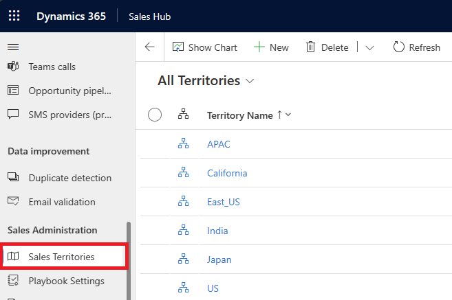 Captura de ecrã do menu Regiões de Vendas nas Definições da aplicação juntamente com a lista de territórios.