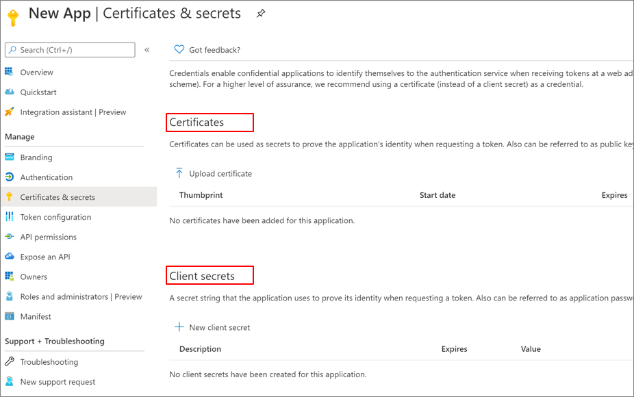 Captura de ecrã de Certificados e segredos de Cliente em Nova Aplicação, Certificados e segredos.