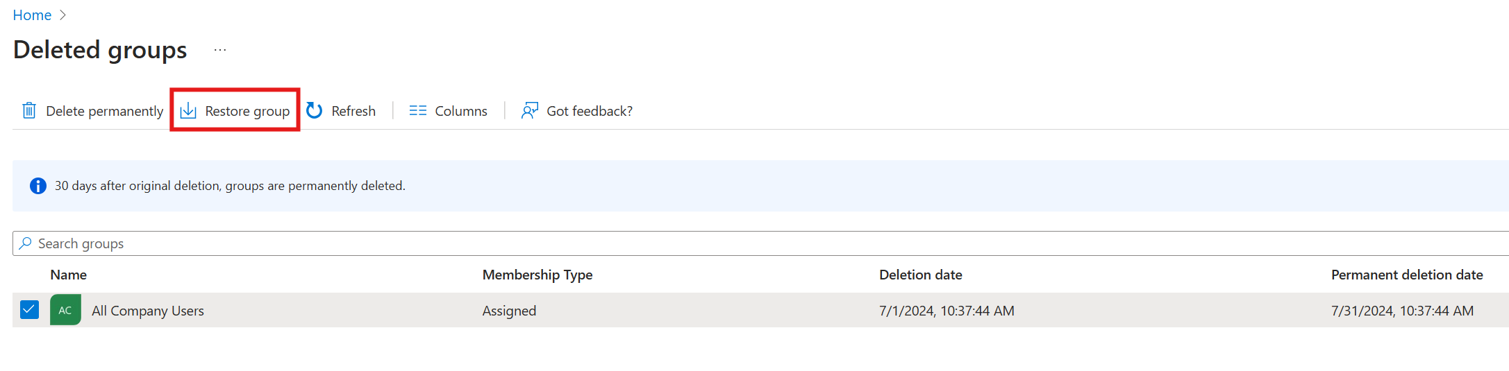 Captura de tela que mostra a restauração de grupos no portal do Azure.