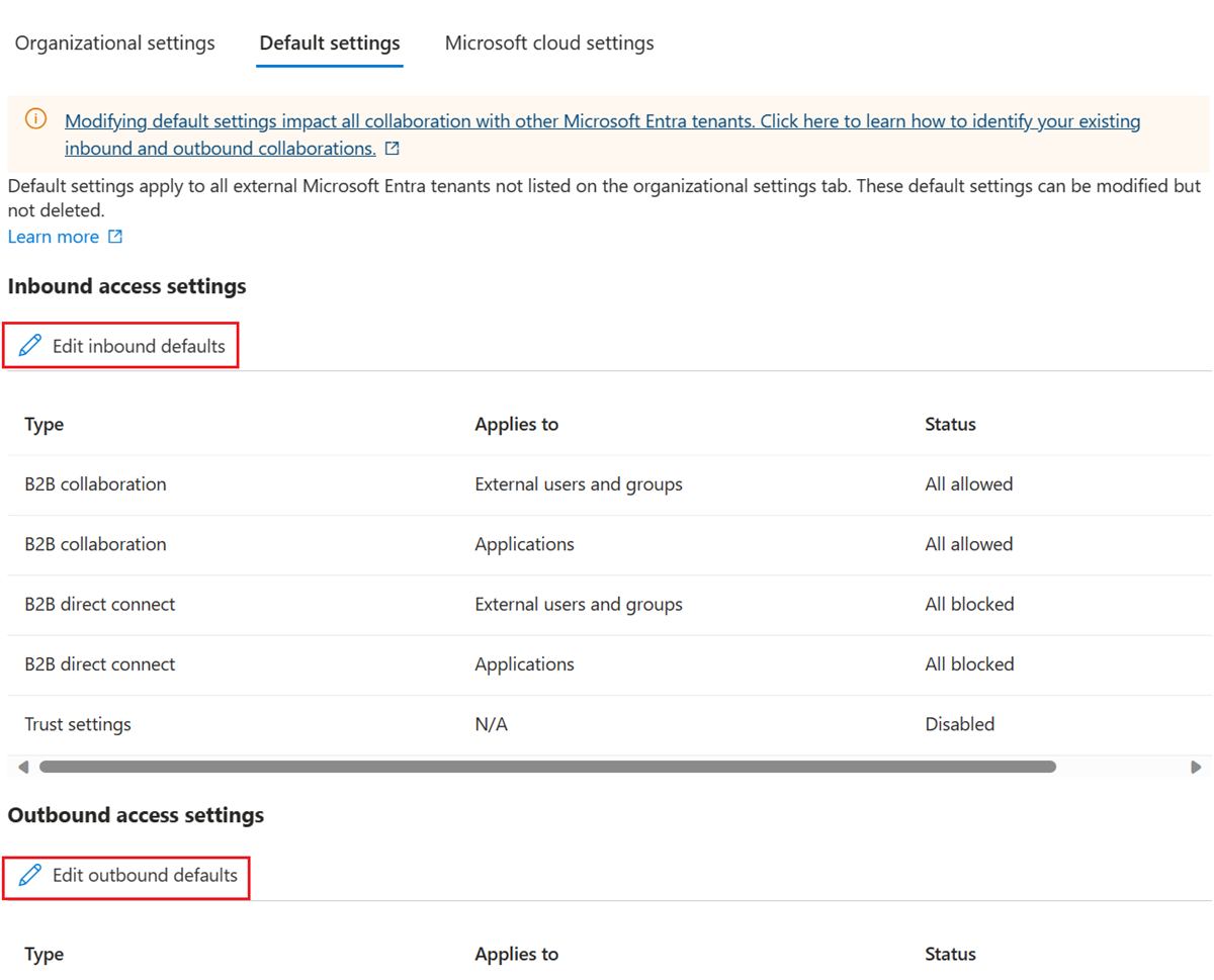 Captura de tela mostrando botões de edição para Configurações padrão.