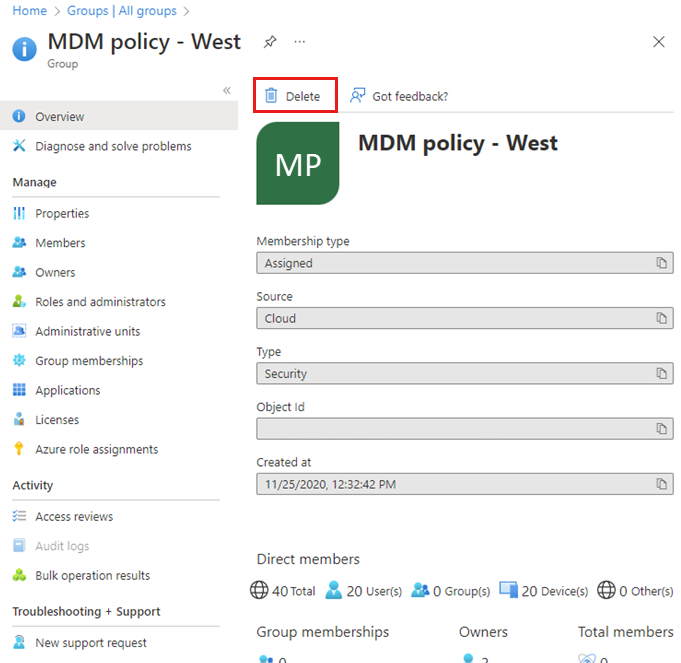 Captura de tela da página Política de MDM – Visão geral do Oeste com o link Excluir realçado.