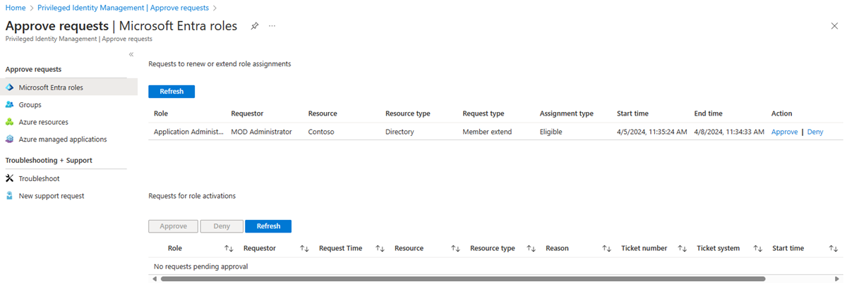 Captura de ecrã da página **Aprovar pedidos - recursos do Azure** a mostrar o pedido de revisão.