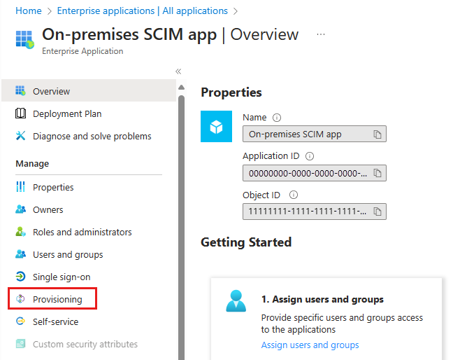 Tela de provisionamento para gerenciar as configurações de provisionamento de conta de usuário