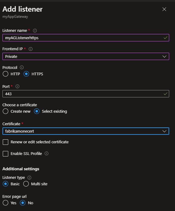 Captura de tela do ouvinte do Application Gateway.