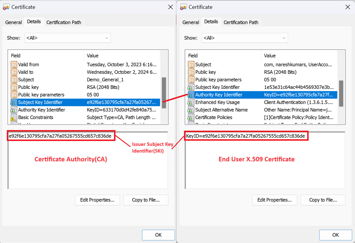 Screenshot showing an authority key identifier.