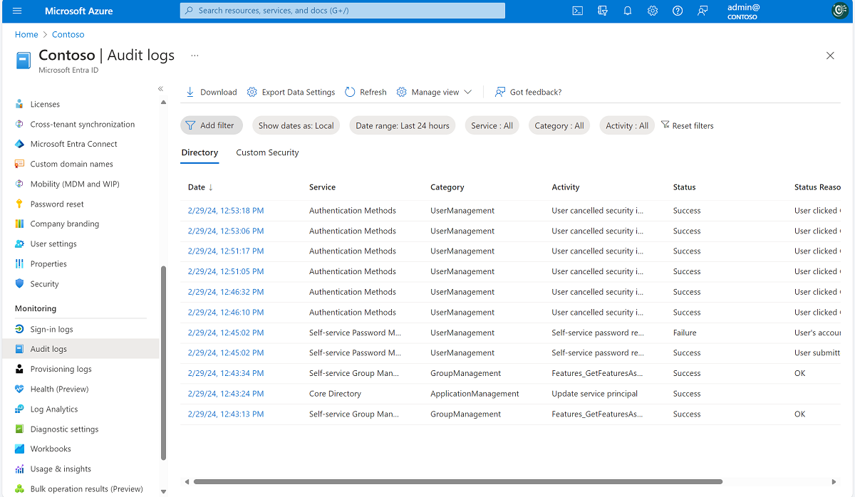 Interface de logs de auditoria do Microsoft Entra mostrando eventos de registro