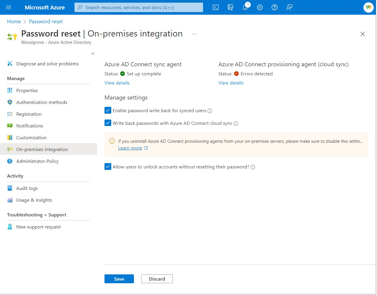 Habilitar a redefinição de senha de autoatendimento do Microsoft Entra para write-back de senha