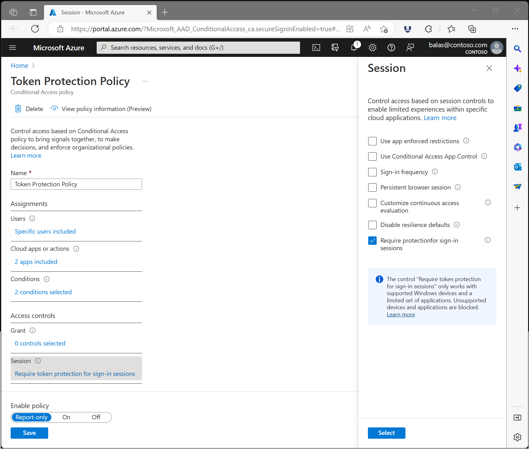 Captura de ecrã a mostrar uma política de Acesso Condicional que requer proteção de token como controlo de sessão