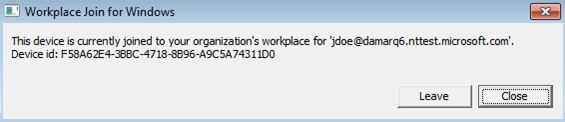 Captura de ecrã da caixa de diálogo Ingresso no Local de Trabalho para Windows. O texto que inclui um endereço de e-mail indica que um determinado dispositivo está associado a um local de trabalho.