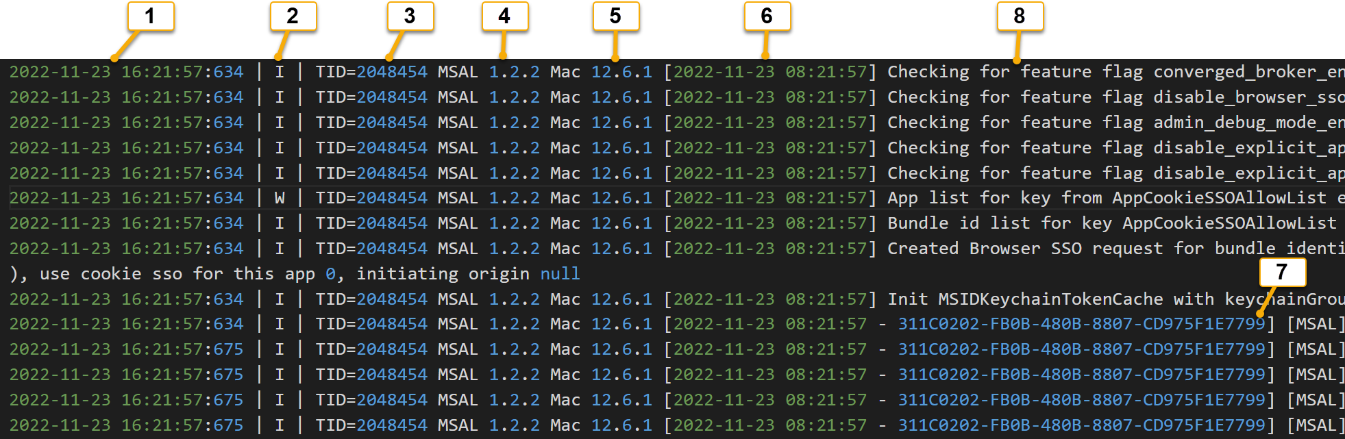 Captura de tela mostrando a estrutura da coluna dos logs de extensão SSO.